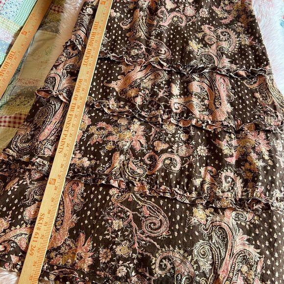Anthropologie Tapemeasure 100%Linen Brown Pink Floral Paisley Ruffle Maxi Skirt - Picture 15 of 15
